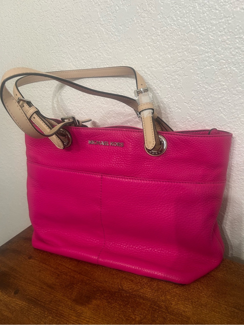 Michael Kors Hot Pink Leather Tote with Cream Straps